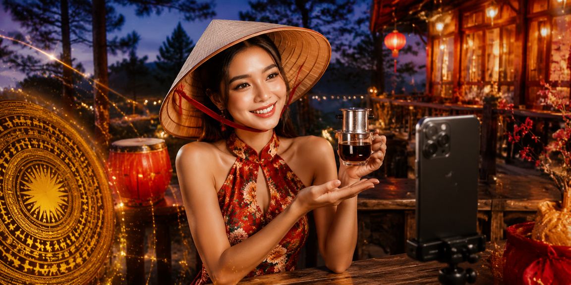 Người dùng Đà Lạt đọc phân tích kèo trên điện thoại với nón lá truyền thống